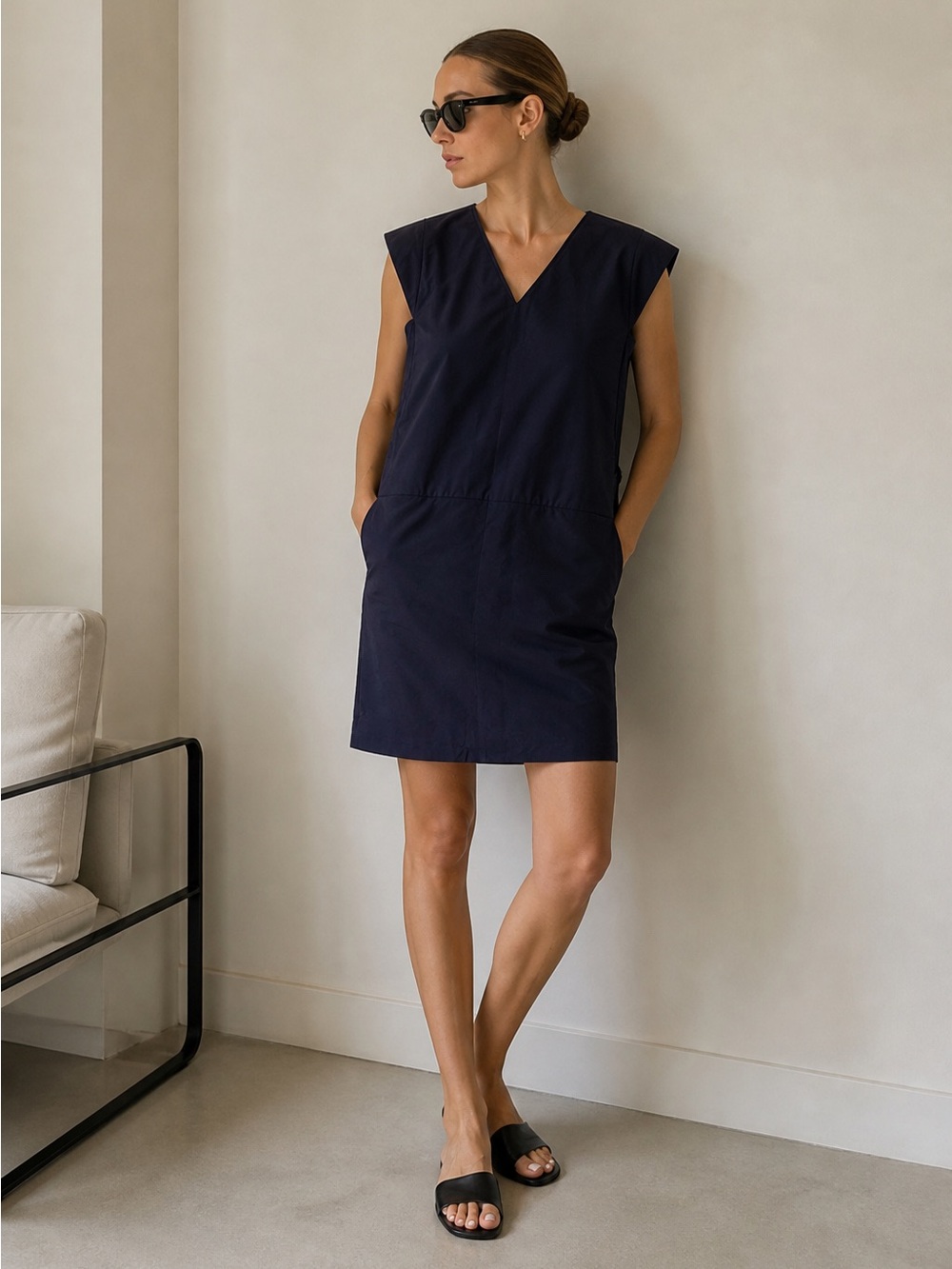 Marni V-neck Navy Boxy Shift Dress